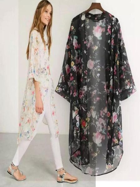 Frauen Boho Chiffon Kimono Cardigan Cape Bikini Cover Up Floral Long Beach Robe Plage 2XL Bluse Top SchwarzBeige Saida De Praia8847084