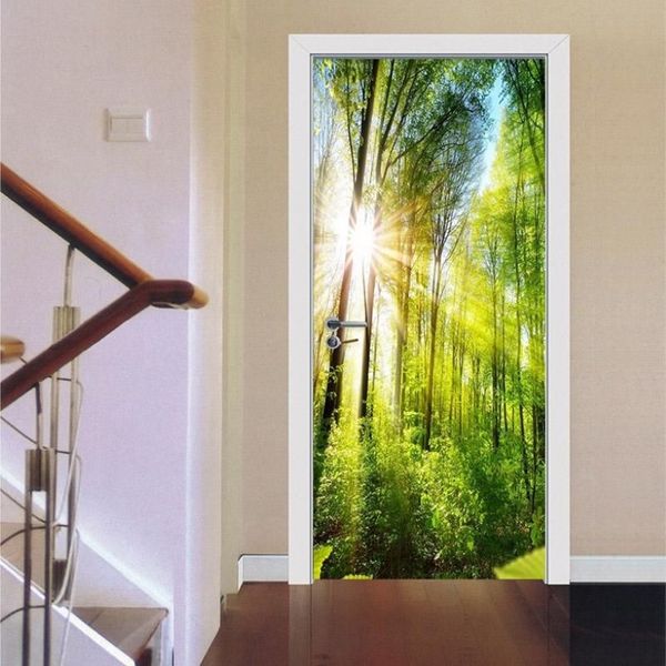 Tapeten PVC-Tapete 3D Schöner grüner Wald Sonnenschein Wandbilder Wohnzimmer EL Türaufkleber Modern Selbstklebend Wasserdicht303N