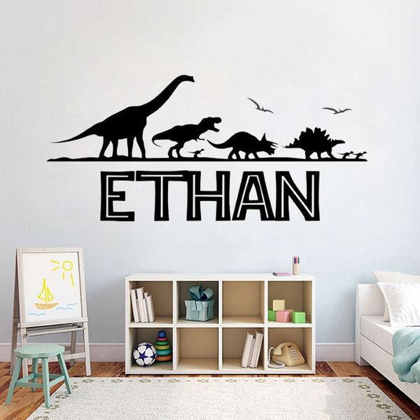 Nome personalizado decalque de parede jurassic park dinossauro adesivos de vinil para meninos quarto decoração arte moda poster239e