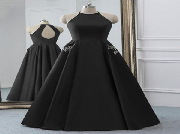 Simples preto vestidos de baile vestidos de noite halter com bolsos fechadura volta cetim cristal ruched pageant formal festa dress9810817