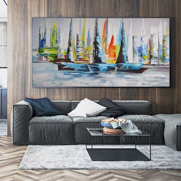 Boot Meer Poster Ölgemälde Auf Leinwand Drucke Landschaft Bunte Wand Bilder Für Wohnzimmer Home Decor Poster Und Prints269J