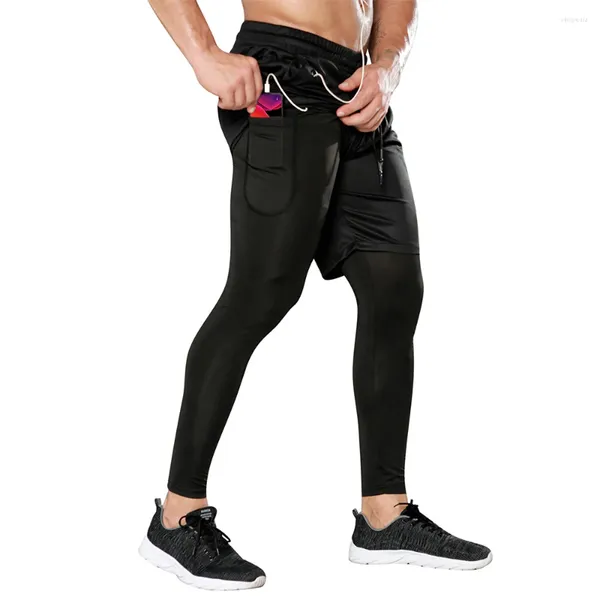 Мужские брюки высокого качества 2 в 1, мужские спортивные шорты для тренировок в тренажерном зале, компрессионные быстросохнущие леггинсы для бега с карманом