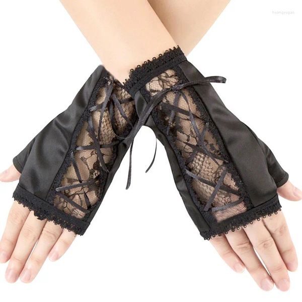 Party Supplies Frauen Punk Spitzenhandschuhe Satin Bandage Fishnet Mesh Handgelenk Band Bühnenaufführungen Schwarz Cosplay Kostüm Halbfinger