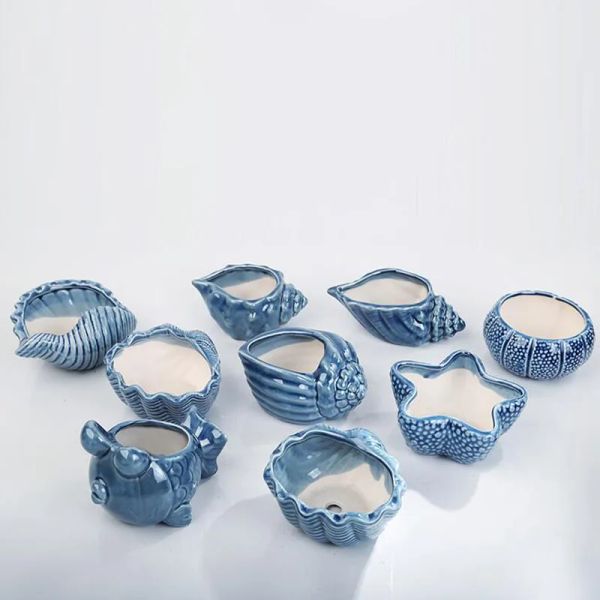 Fioriere Creative Ocean Fish Shell Vaso da fiori Colore blu Ceramica traspirante Vaso per piante grasse Vaso bonsai con un foro Decorazione del giardino domestico