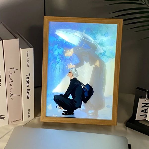 Calligrafia Jujutsu Kaisen Satoru Gojo Luce notturna Pittura Cornice per foto Lampada Cartoon Anime Figura Lampada per pittura a LED Camera da letto Decorazioni per la casa Regali