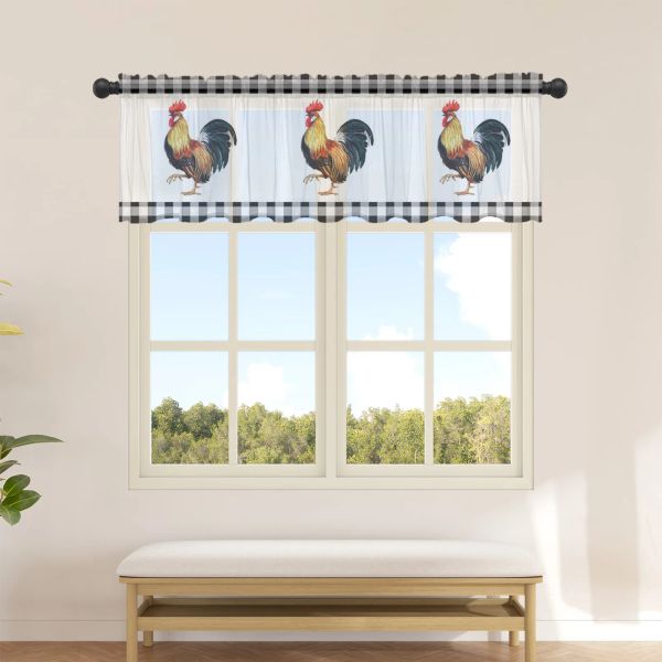 Cortinas fazenda galo preto e branco xadrez curto tule meia cortinas para sala de estar porta da cozinha café janela sheer valance cortinas