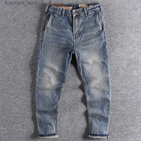 Herren Jeans Kontrastfarbe Tasche Herbst American Tooling Retro helle gewaschene Jugend lange Hosen schlanke Jeans Männer L240313