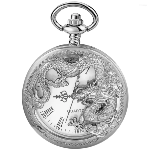 Relógios de bolso prata característica chinesa em forma de dragão relógio masculino de alta qualidade colar cronometragem pingente feminino jóias presente relógio