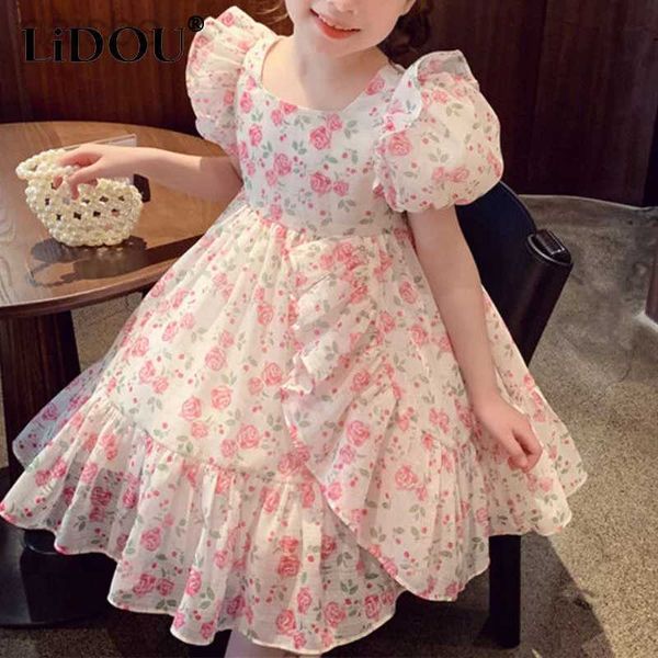 Vestidos da menina nova moda coreana vestido de verão vintage bonito kawaii elegante floral casual pescoço quadrado roupões ldd240313