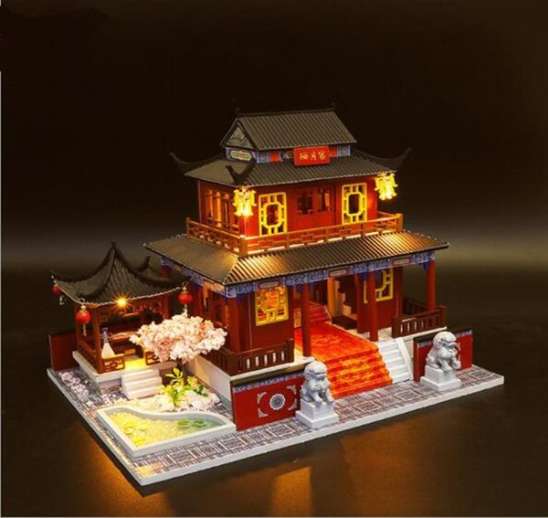 Grande estilo chinês diy casa de boneca de madeira casas de bonecas em miniatura kit de móveis brinquedos artesanais presente de aniversário para crianças y20031894229