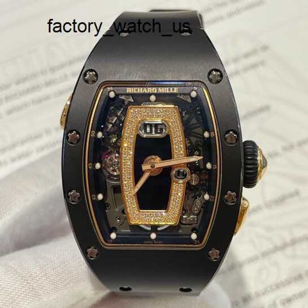 Tourbillon Orologio Machinery Watch RM Orologio da donna Serie 52,63x34,4mm Orologio meccanico automatico con calendario da donna Orologio in ceramica nera Quadrante nero con diamanti Rm037