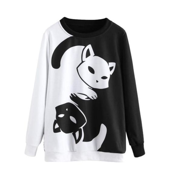 Casais preto e branco yin yang cat hoodies manga longa pulôver kitty print sweatshirts macio e confortável agasalho loose7363879