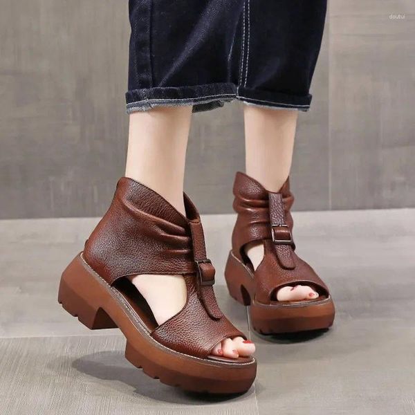 Kleid Schuhe Maogu Dicke Boden Sandalen Weibliche High Heels 2024 Sommer Fisch Mund Schuh Rom Schnalle Sandale Stiefel Leder Casual 40