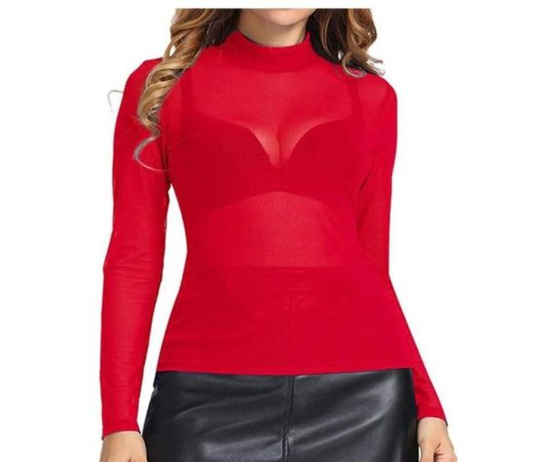 Mulheres manga longa alta pescoço braço shaper topo sexy mulher ver através transparente pura malha jugo casual magro senhoras blusa camisa wom7538040