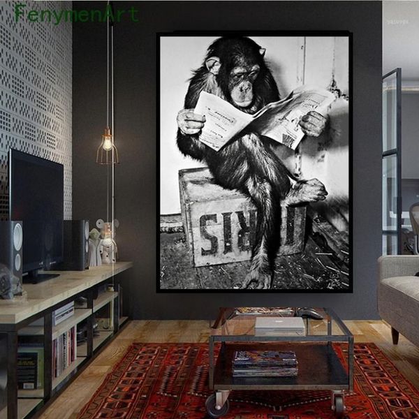Pinturas engraçado macaco negócio pintura de lona leitura spaper cartaz e impressão preto branco arte imagem banheiro banheiro decor276h