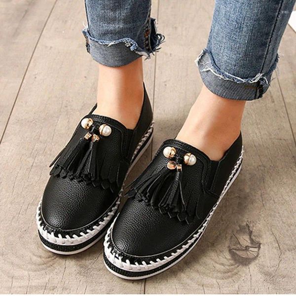 Sapatos casuais pérola borla pequena couro mulheres muffins costura apartamentos plus size 34-43 franja strass engrossar sola mocassins estudante2024