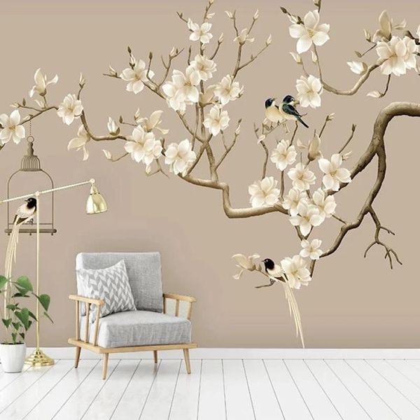 Po Carta da parati autoadesiva in stile cinese Fiore dipinto a mano Figura di uccelli Magnolia Murales Soggiorno Studio Decor Sfondi da parete311A