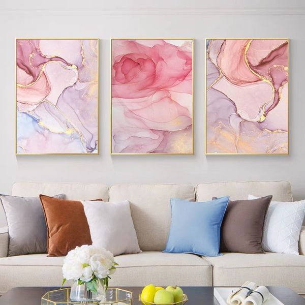 Nórdico abstrato folha de ouro linha rosa cartaz e impressões pintura em tela parede arte imagem para o quarto da menina sala estar casa de265b