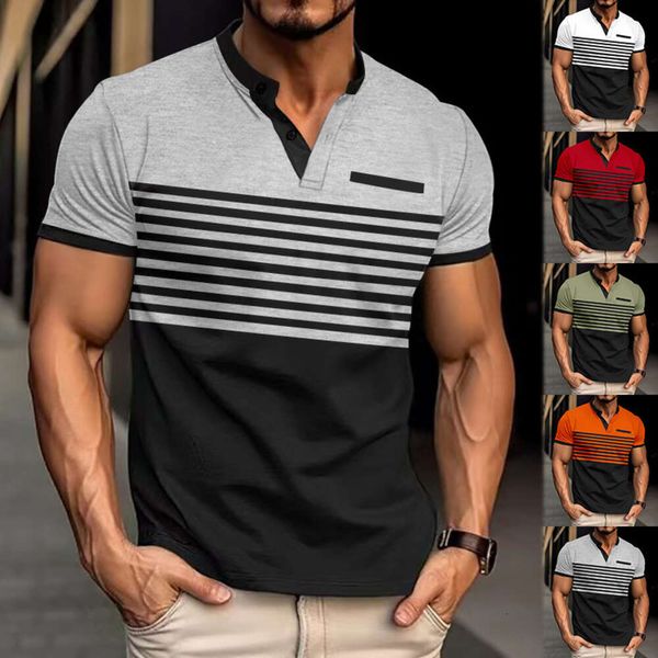 Temu24 masculino verão casual camisa polo com decote em v listrado botão flip colarinho de manga curta topo para estilo masculino