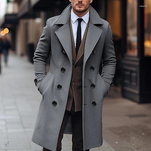 Trench da uomo Cappotti di lana doppio petto vintage Giacche lunghe da uomo Moda primaverile Tinta unita Colletto rovesciato per uomo Streetwear