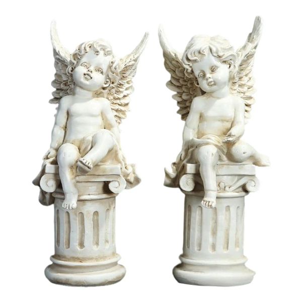 Sculture 2x statue di cherubini colonna greca decorazione in resina oggetti di scena figurine da giardino