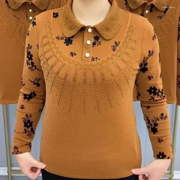 Kadın Tişörtleri Annemin Sonbahar Bebek Boyun Külot Banliyö Moda Parlak Elmas Baskılı Düğmesi Ekleme Sıcak Çok Yönlü Uzun Kollu Üstler
