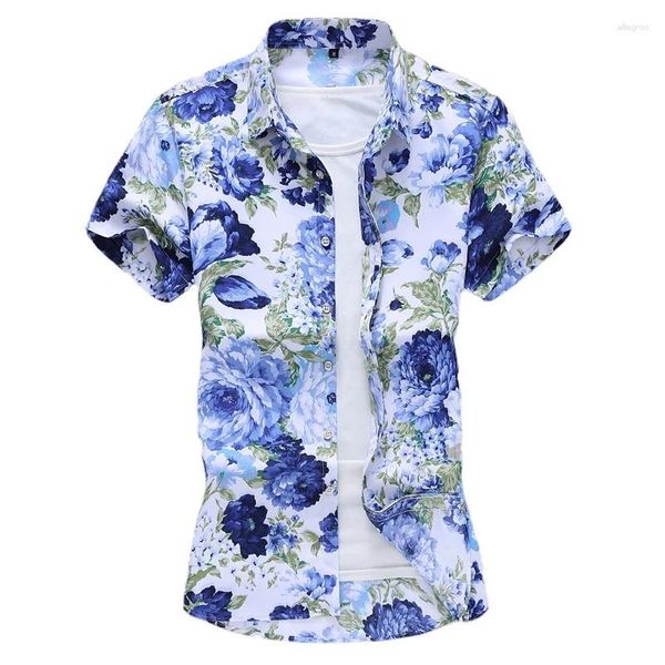 Herren Freizeithemden Große Größe 7XL Männer Kurzarm Blumenhemd Sommer Hochzeit Tanz Party Revers Tops