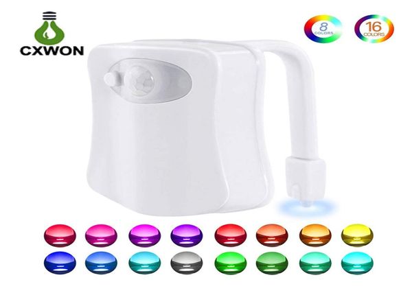 Luci notturne per WC Sensore di movimento 8 colori 16 colori che cambiano LED Ciotola Luce notturna Impermeabile Chiudi Sgabello Notte LED Luminaria WC Lamp1692169