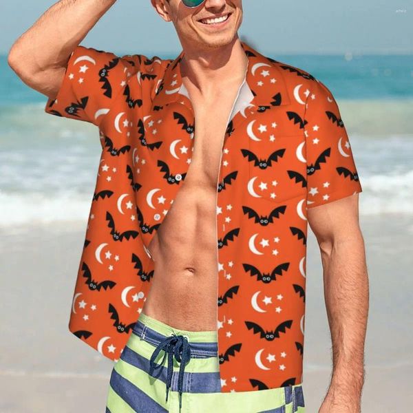 Camisas casuais masculinas Camisa de Halloween Camisa Laranja Preto Morcegos Novidade Verão Homens Manga Curta Praia Confortável Impresso Blusas Oversize