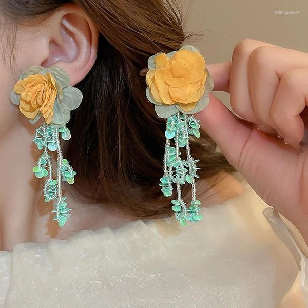 Baumelnde Ohrringe Stoff Blume Blatt Harz Perlen Quaste Lange Tropfen Für Frauen Mode Elegant Party Schmuck
