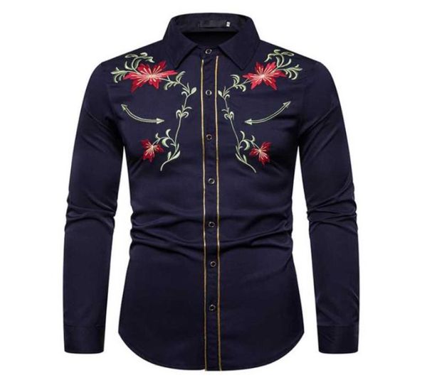 Elegante ocidental cowboy camisa dos homens design da marca bordado fino ajuste casual camisas de manga longa camisa de festa de casamento dos homens para male3716569