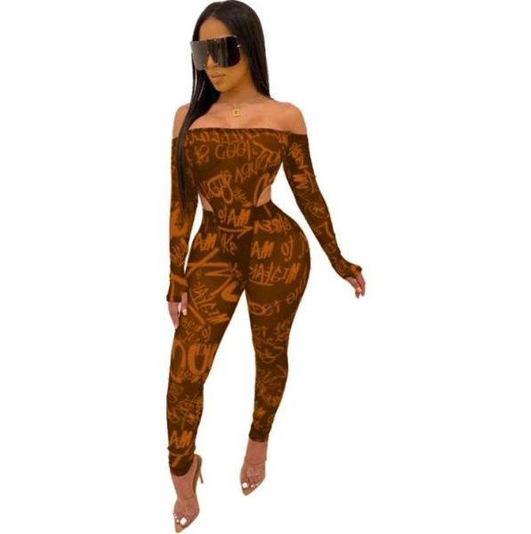 Abito a due pezzi 2021 Donne estive Set stile spiaggia sexy Manica lunga Tute con spalla di carta Pantaloni elasticizzati stampati8105474