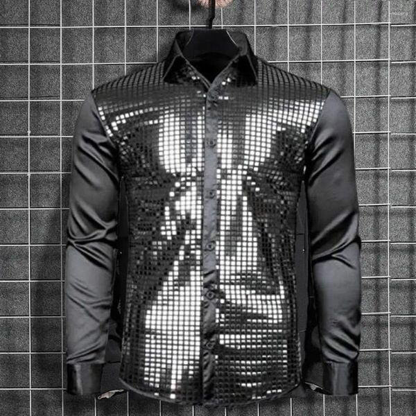 Camicie casual da uomo Camicia con paillettes da uomo Bavero Club Dance Slim Fit Striscia colorata Top lucido per serate di spettacolo abbaglianti