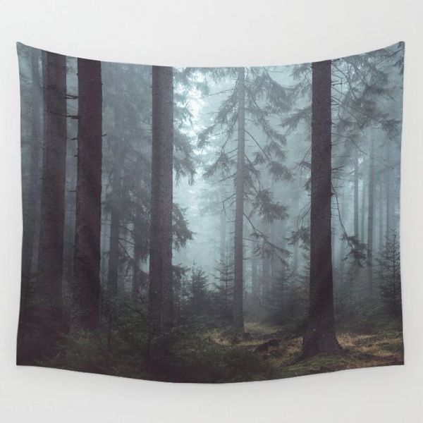 Holz Nebel Wald Wandbehang Stoff dekorative Landschaft Tapisserie Polyester nordisches Dekor trendiges gedrucktes Tenture2759