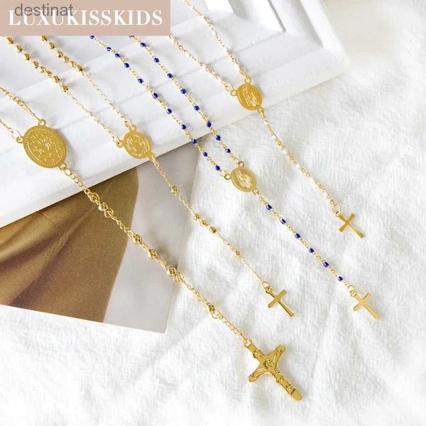 Outros Luxukisskids Rosário Beads Cristianismo Colares Jesus Long Chains para Mulher / Homem Cruz Pingentes Aço Cristão Jóias PrayerL242313