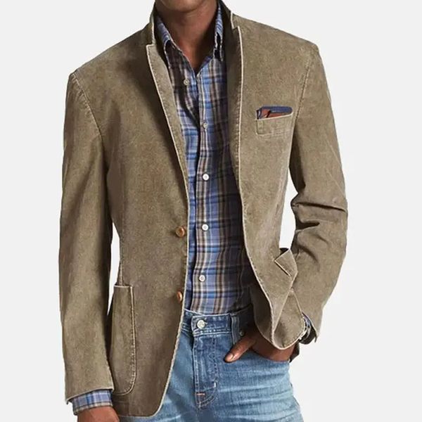 Herren-Blazer, Khaki, modisch, Stickerei, Netzstoff, Patchwork-Revers, Langarm, Patchwork, Kerbrevers, einreihig, Taschen-Blazer 240306