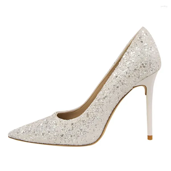 Scarpe eleganti 2024 Donna Tacchi alti 9,5 cm Plus Size 43 Stripper Glitter Scarpins Décolleté di lusso Stiletto Sposa da sposa Oro Argento Fetish