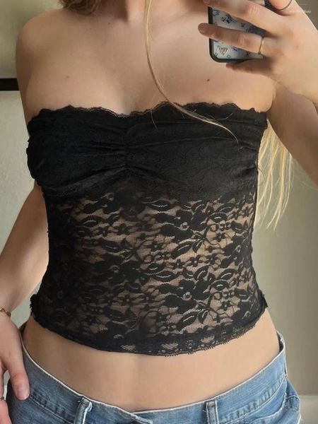 BHs Sets Sexy Damen Sheer Lace Tube Tops Sommer Trägerlos Einfarbig Geraffte Bandeau Crop Ästhetische Kleidung Exotische Tanks Top