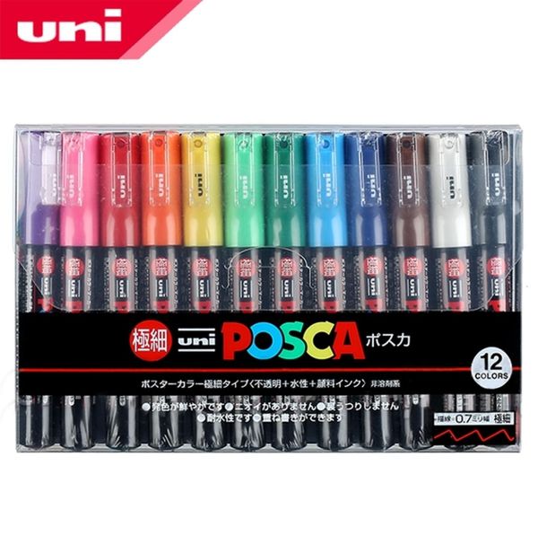 12-Farben-Set Mitsubishi Uni Posca PC1M Lackmarker, extrafeine Rundspitze, 07 mm Kunstmarkierungsstifte, Büro, Schule, Y2007096609072