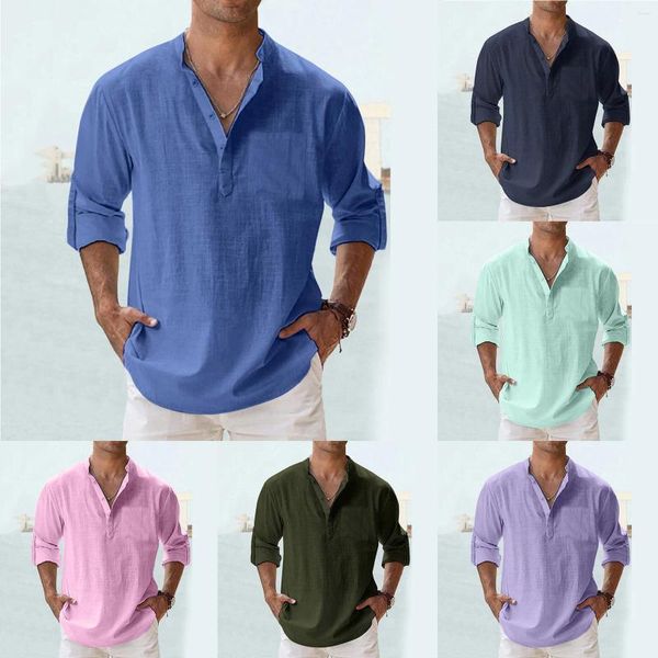 Herren-Freizeithemden, Baumwolle und Leinen, für Herren, leicht, langärmelig, für den Strand, Hawaiianisch, T-Shirt für Herren