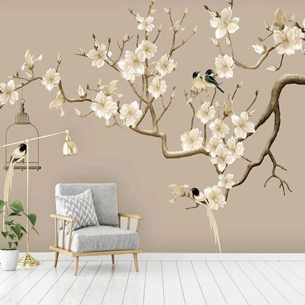 Po Selbstklebende Tapete im chinesischen Stil handgemalte Blumen-Vogel-Figur Magnolien-Wandbilder Wohnzimmer-Studien-Dekor-Wand-Tapeten243i