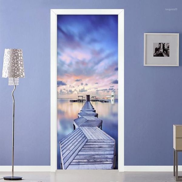 Moderne 3D Blauer Himmel Meerblick Holz Brücke Tür Aufkleber Wohnzimmer Schlafzimmer Kreative PO Wandbild Wasserdichte Tapete 3D1259j