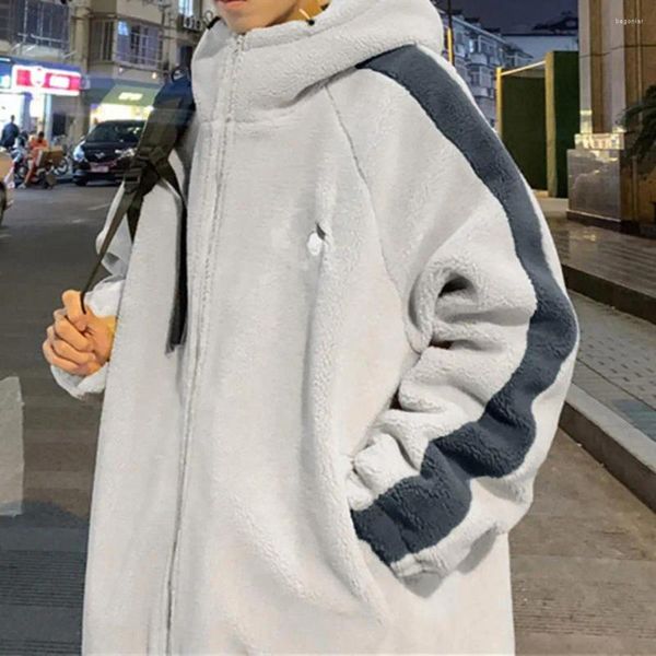 Jaquetas masculinas com capuz homens jaqueta inverno quente com falso sherpa forro cordão hem contraste cor zíper bolso oversized