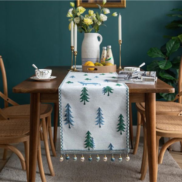 Almofadas de natal chenille borla corredor de mesa, linho de algodão engrossar decoração de mesa de tecido, sala de jantar restaurante decoração moderna suprimentos