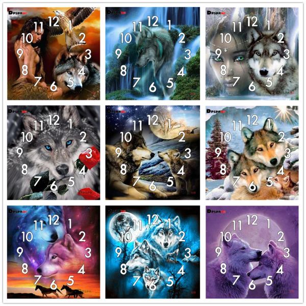 Stitch DPSPRUE Full Diamond Painting Cross Cross Animal Wolf com mecanismo de relógio Mosaic 5D DIY Square Round 3D Bordado Presente