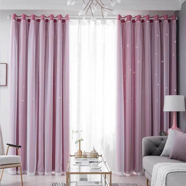Tende Tende a stelle lucenti Tende oscuranti a doppio strato rosa tinta unita per la finestra della stanza Tenda in tulle di stoffa Decorazione domestica