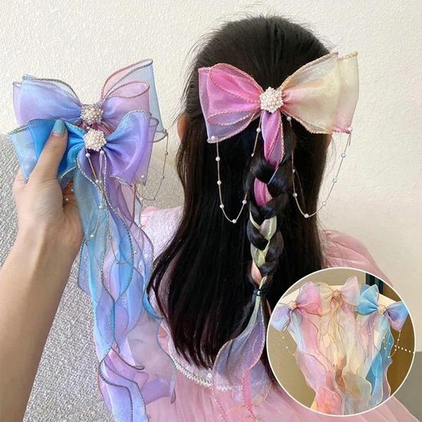 Acessórios de cabelo crianças pérola borlas fita clipe arco trançado hairpin colorido chiffon grampos doce princesa cocar