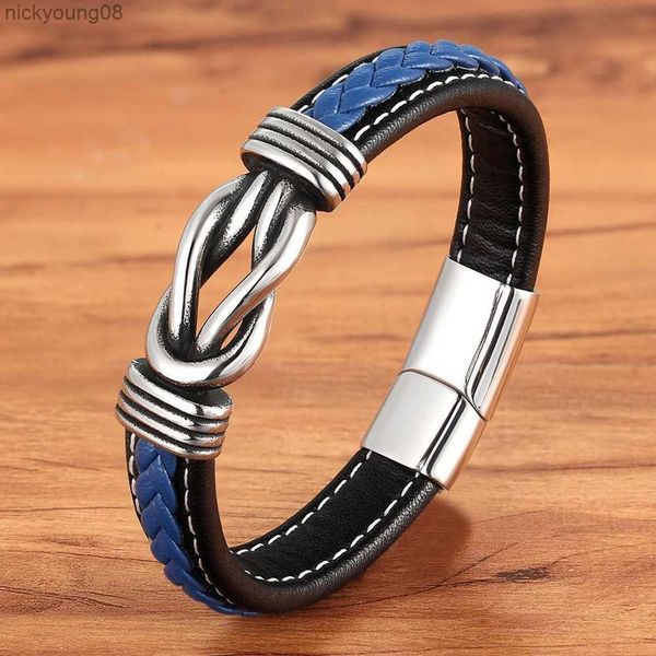 Pulseira TYO Geométrica Aço Inoxidável Mens Pulseira De Couro Mão-tecido Fecho Magnético Preto Azul Pulseira De Couro Natal Jóias GiftL2403