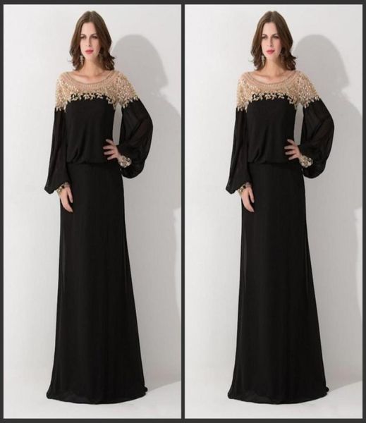 2020 New Black Allentato Scoop Neck Dubai Caftano Abiti da sera Manica lunga Paillettes Chiffon Abiti da cerimonia formale Vestido De F2204735