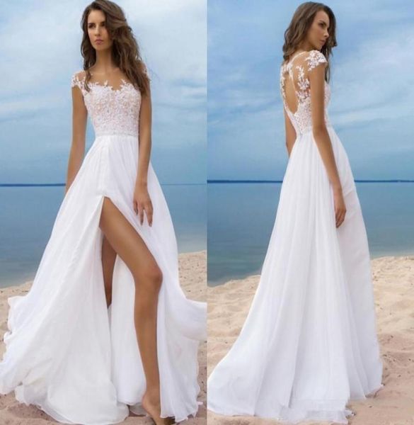 Luxo praia boho vestidos de casamento mangas curtas barato chiffon vestidos de noiva alta fenda lateral sem costas vestidos de casamento sheer neck4904867